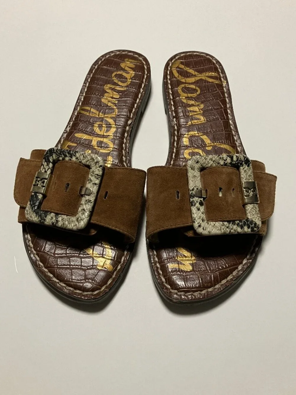 Sam Edelman Granada Suede Slide Sandals Brown Snakeskin Buckle Women's Size 6.5 - Picture 2 of 8